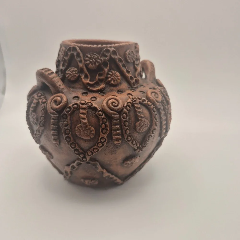 Handmade in Greece Terracotta Pottery Vase Ornate Brown Rustic Decor 4.5in